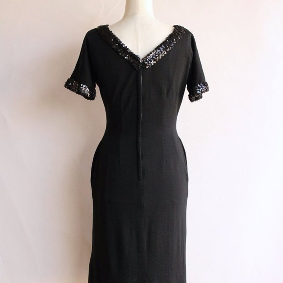 Vintage 1960s Dress / Black Wiggle Dress with Pockets and Sequin Trim / V Neck - Picture 8 of 10